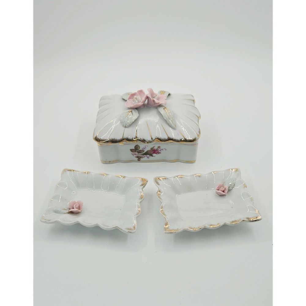 Vintage Royal Sealy Japan Porcelain Trinket Box and Ring Dish 3 pc Set Rose Gold